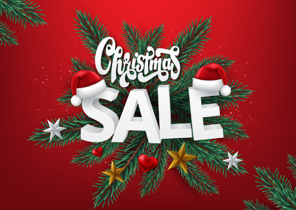 Festive Christmas Sale banner with holiday decorations, featuring pine branches, Santa hats, gold stars, and hearts, promoting a seasonal discount event.